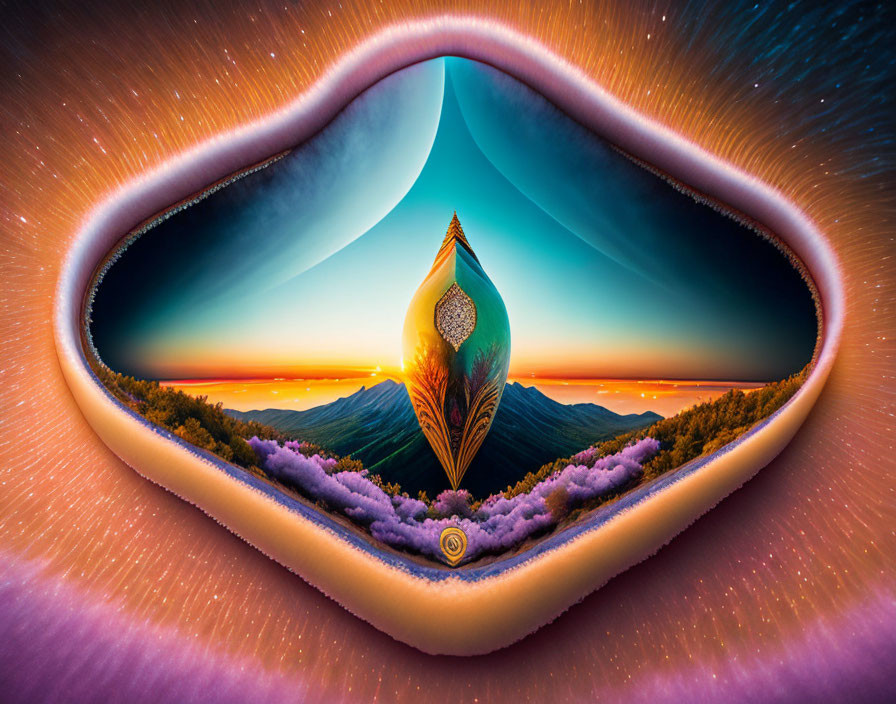 Surreal landscape with peacock feather, heart portal, sunset mountains