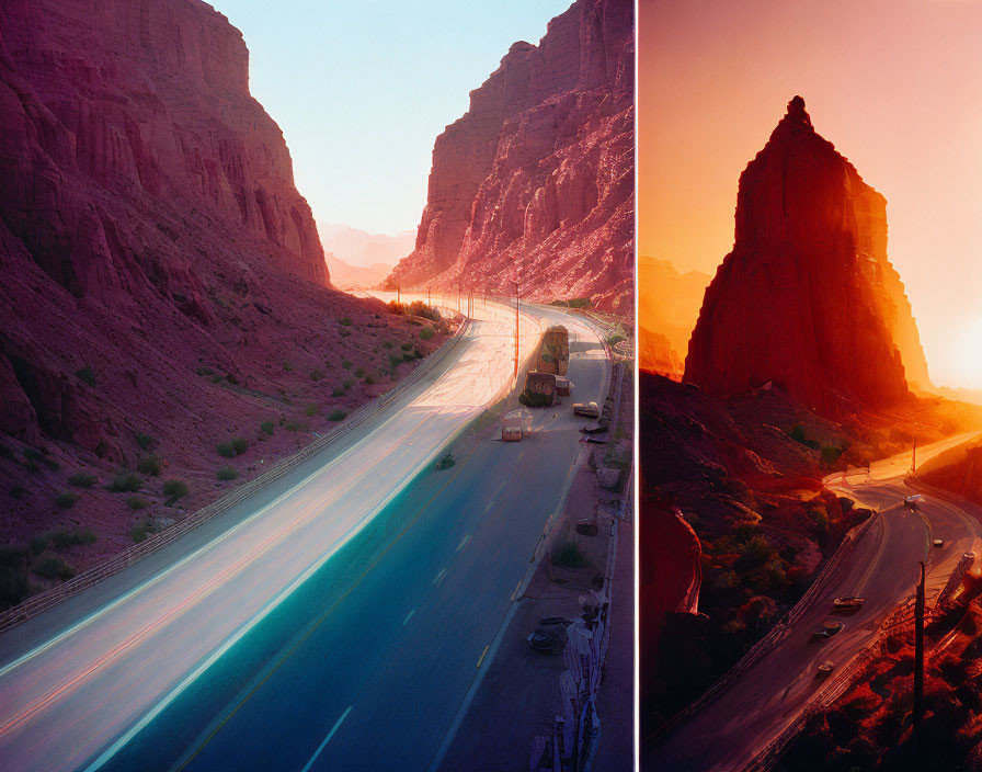 Diptych of Roads in Rugged Canyon at Dusk and Dawn