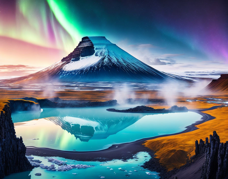 Vibrant aurora borealis over snow mountain and lake