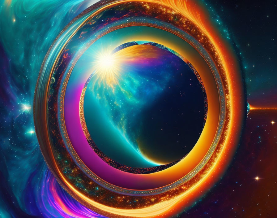 Colorful abstract cosmic swirl with fiery patterns and shining star.