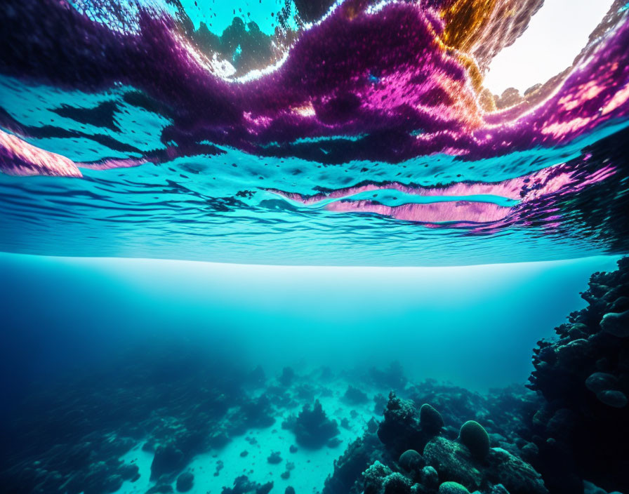 Vivid Coral Reefs in Clear Blue Water with Sunlight Reflection