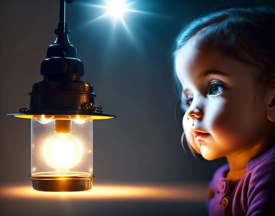 Child mesmerized by glowing lantern in dark setting