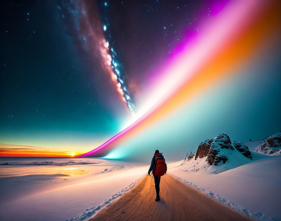 Night sky with aurora borealis over snowy path and person with backpack