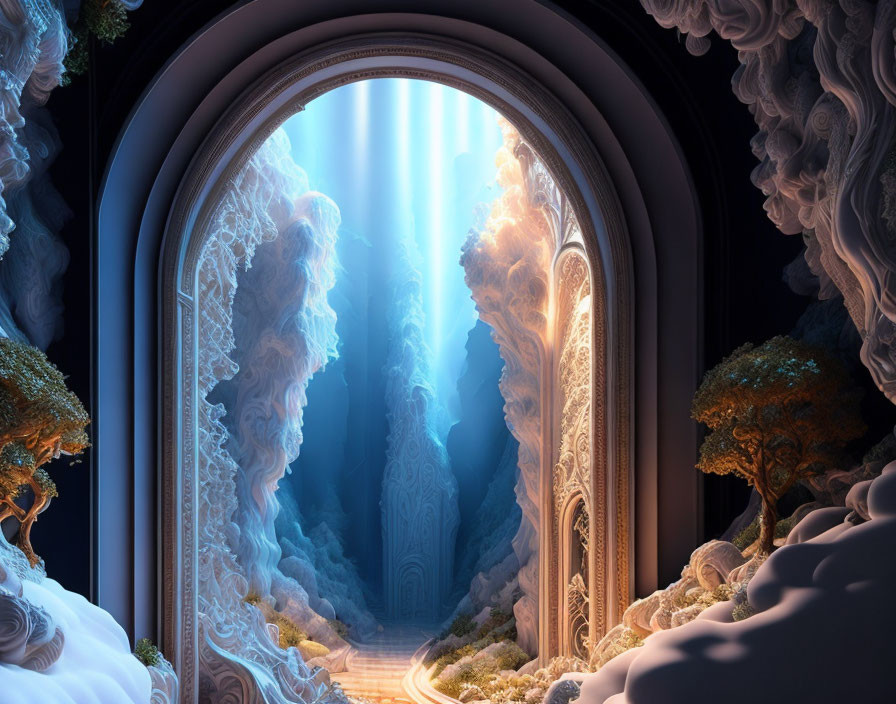 Mystical arched doorway leading to radiant path with cloud-like formations