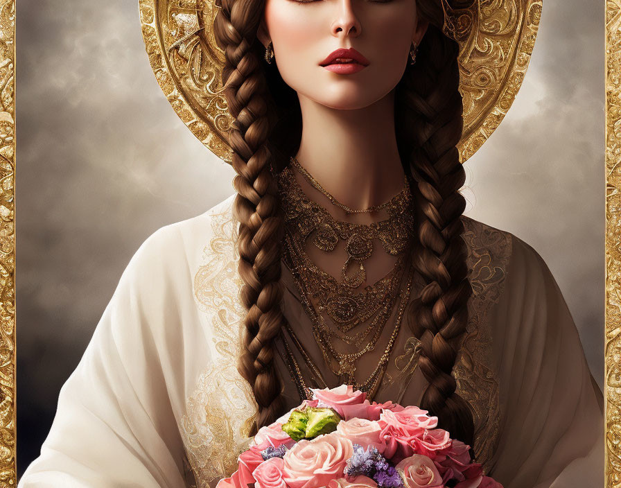 Woman with Braided Hair and Golden Jewelry Holding Colorful Rose Bouquet on Gold Background