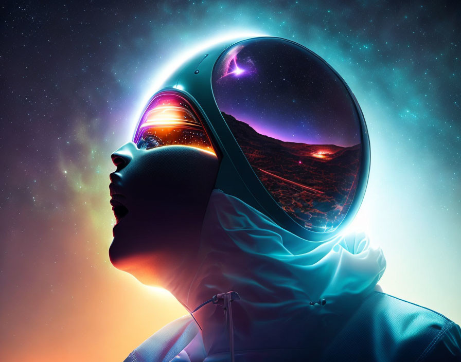 Astronaut in helmet reflecting cosmic landscape against starry backdrop