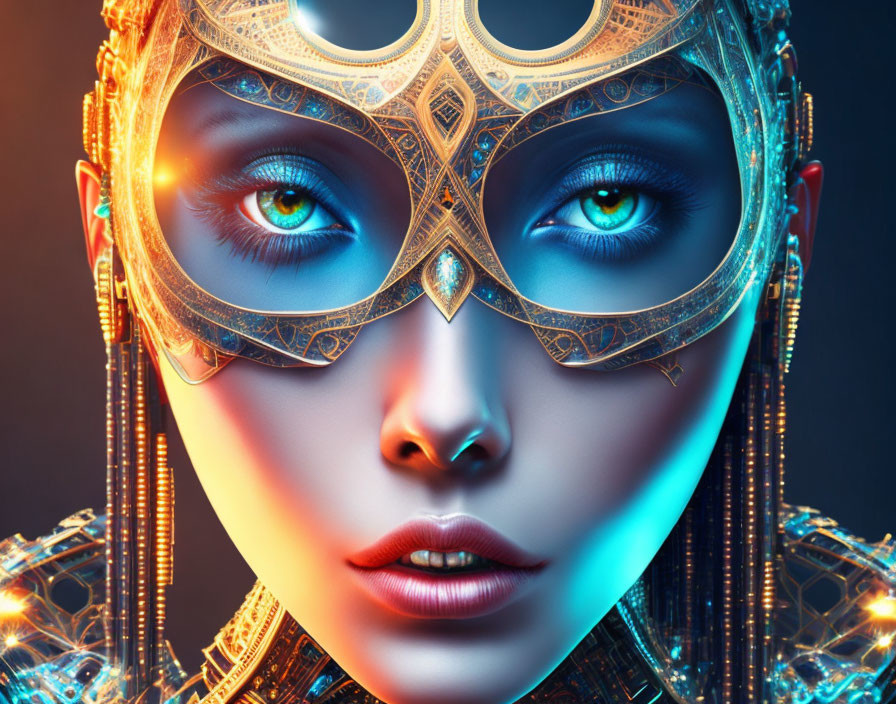 Close-up of woman's face with striking blue eyes in metallic steampunk-style mask