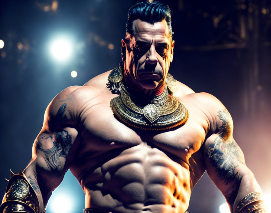 Muscular man with tattoos and mohawk hairstyle in gold armor under dramatic lighting