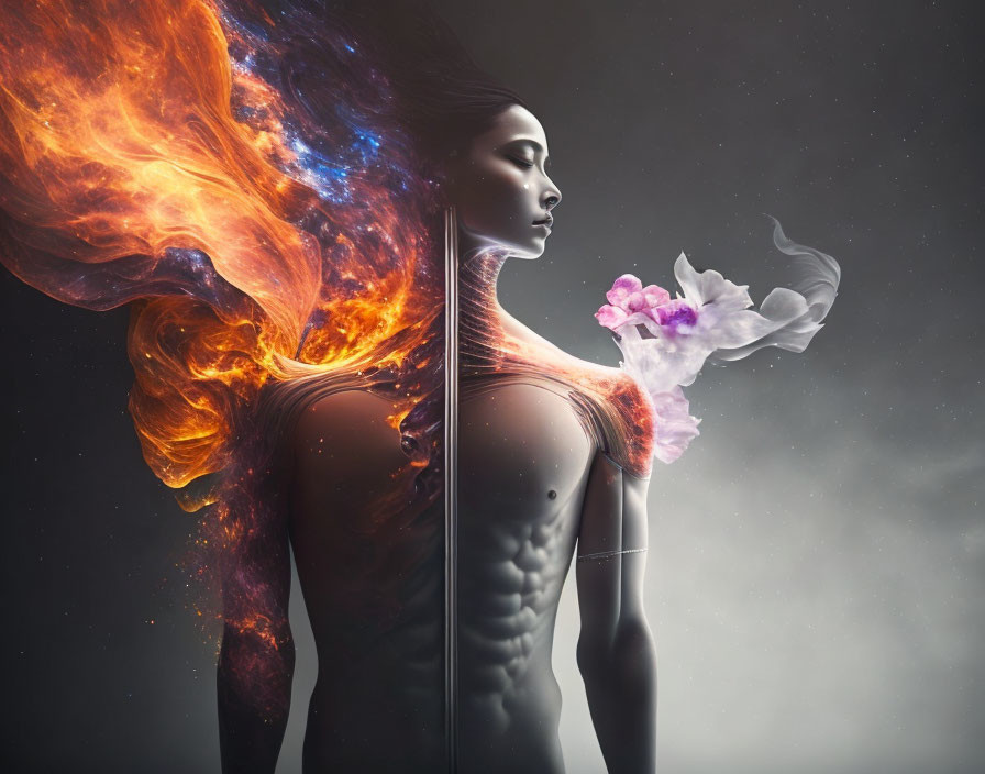 Conceptual Art: Female form ablaze in fiery orange tones with mist and flowers.