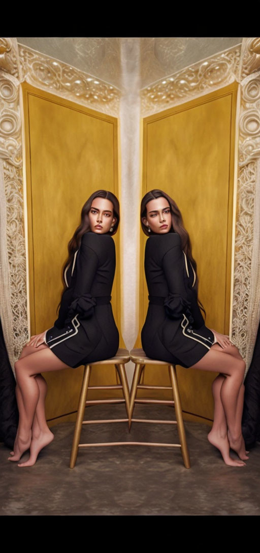 Mirrored woman in black dress on gold stool against ornate golden doors