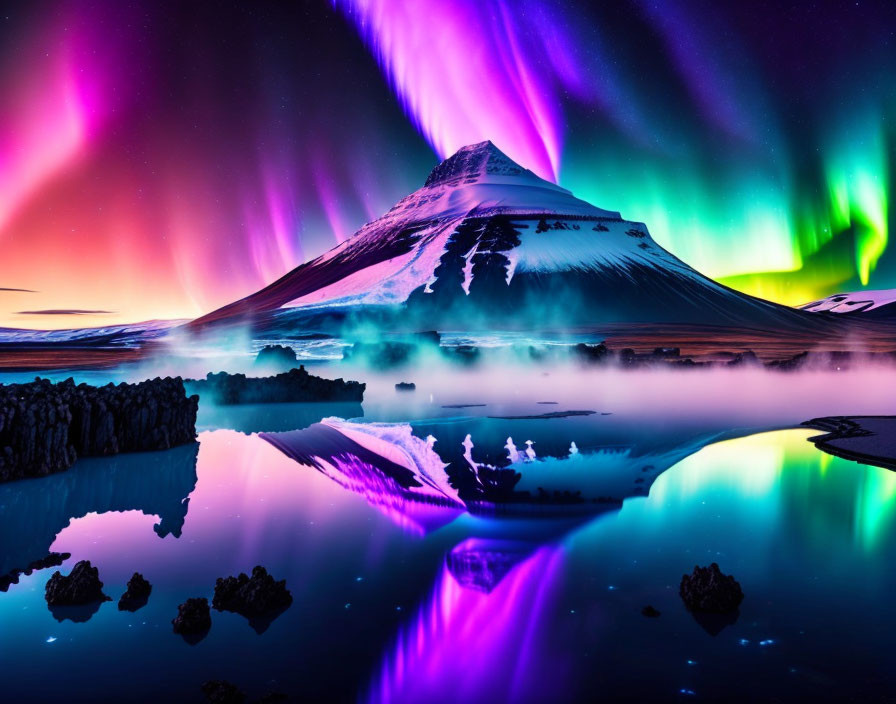 Colorful aurora borealis over snowy mountain and lake