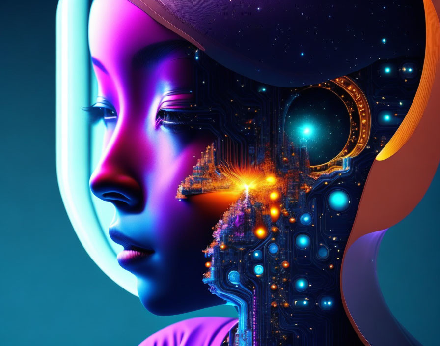 Female face merged with cosmic and circuit board elements in vibrant blue and orange colors