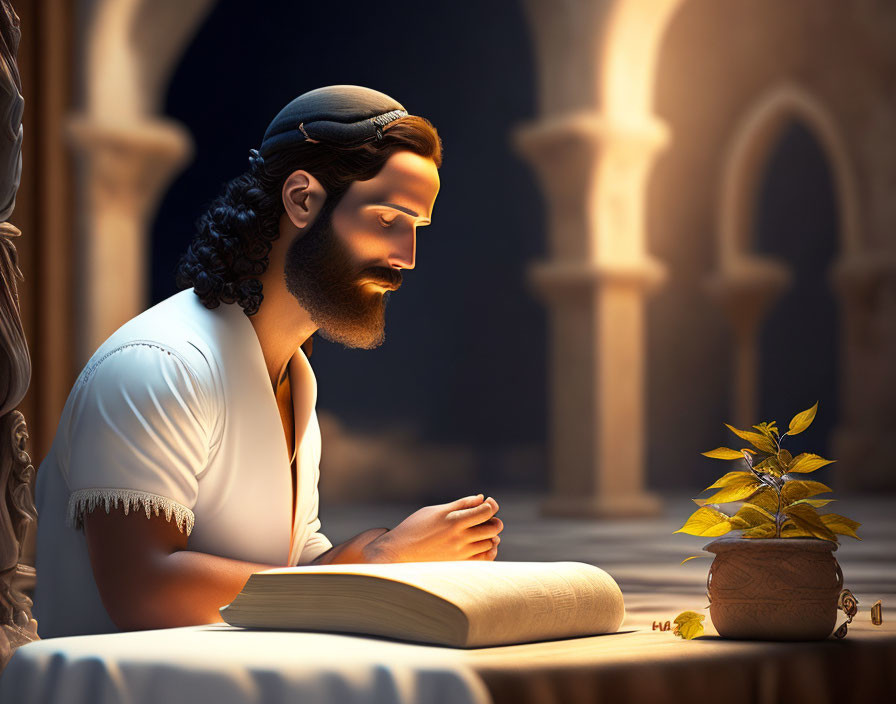 Bearded man reading book in serene setting with potted plant and arched structures