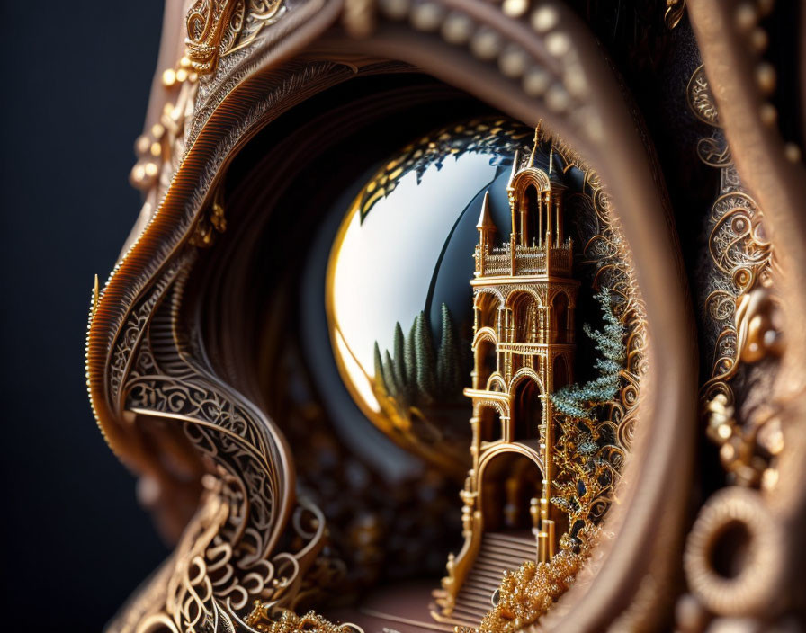 Baroque-style fractal art: Golden spirals, fantasy castle, miniature landscapes on dark backdrop