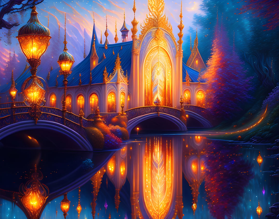 Enchanting illuminated fantasy palace at dusk with lanterns, reflective lake, ornate architecture, and