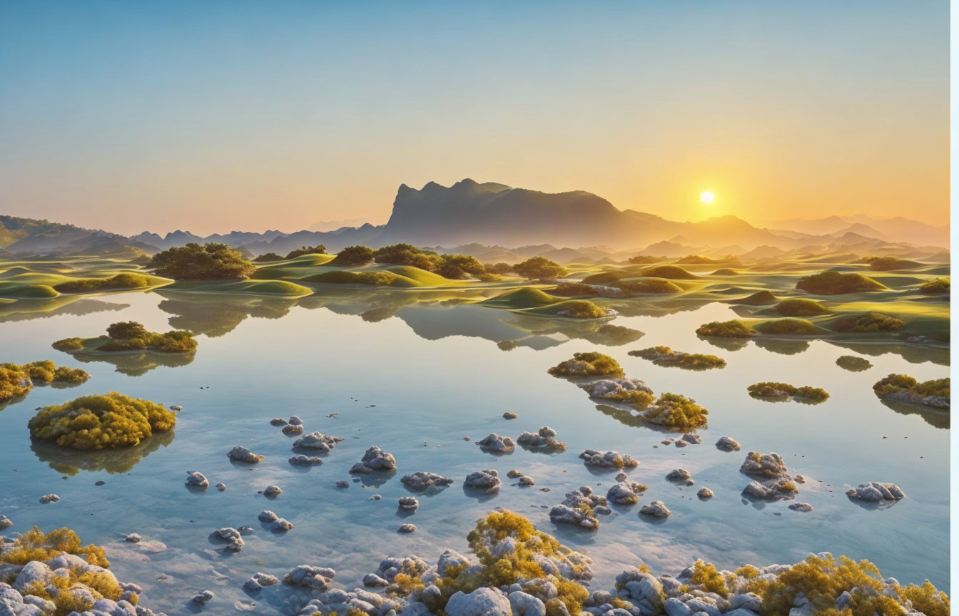 Tranquil sunrise landscape with reflective water & rolling hills