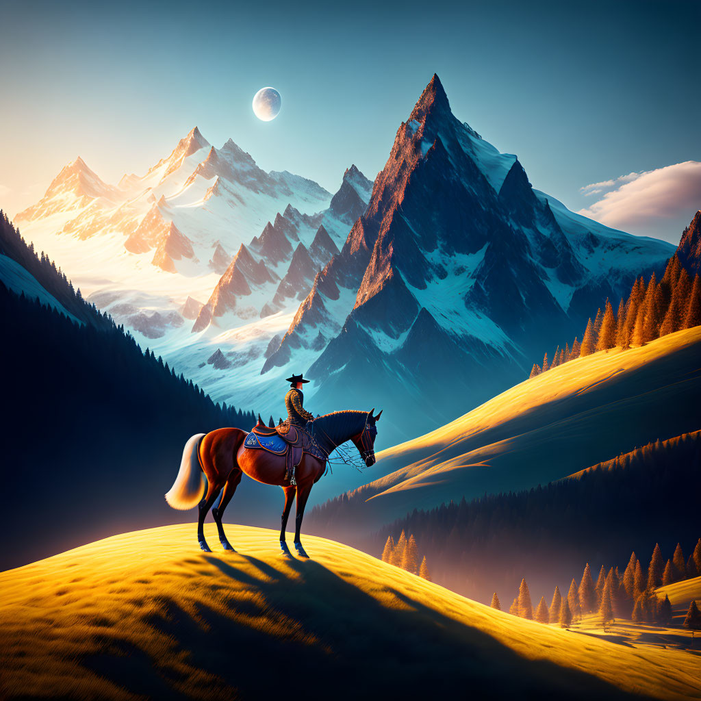 Cowboy on horseback admires mountain range under dusk sky.