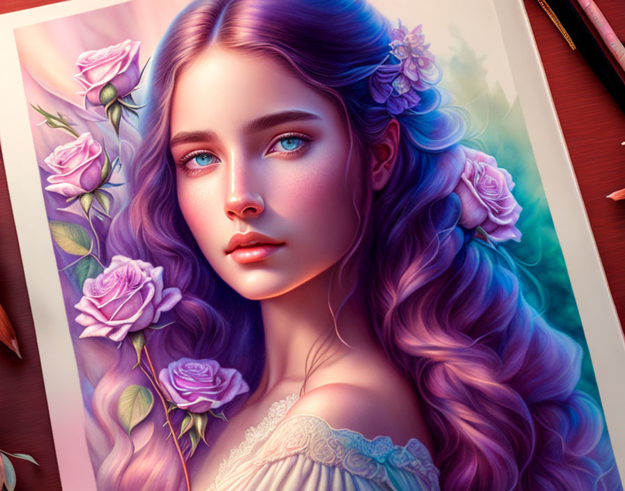 Woman with Blue Hair and Eyes Surrounded by Purple Roses in Fantasy Artistry