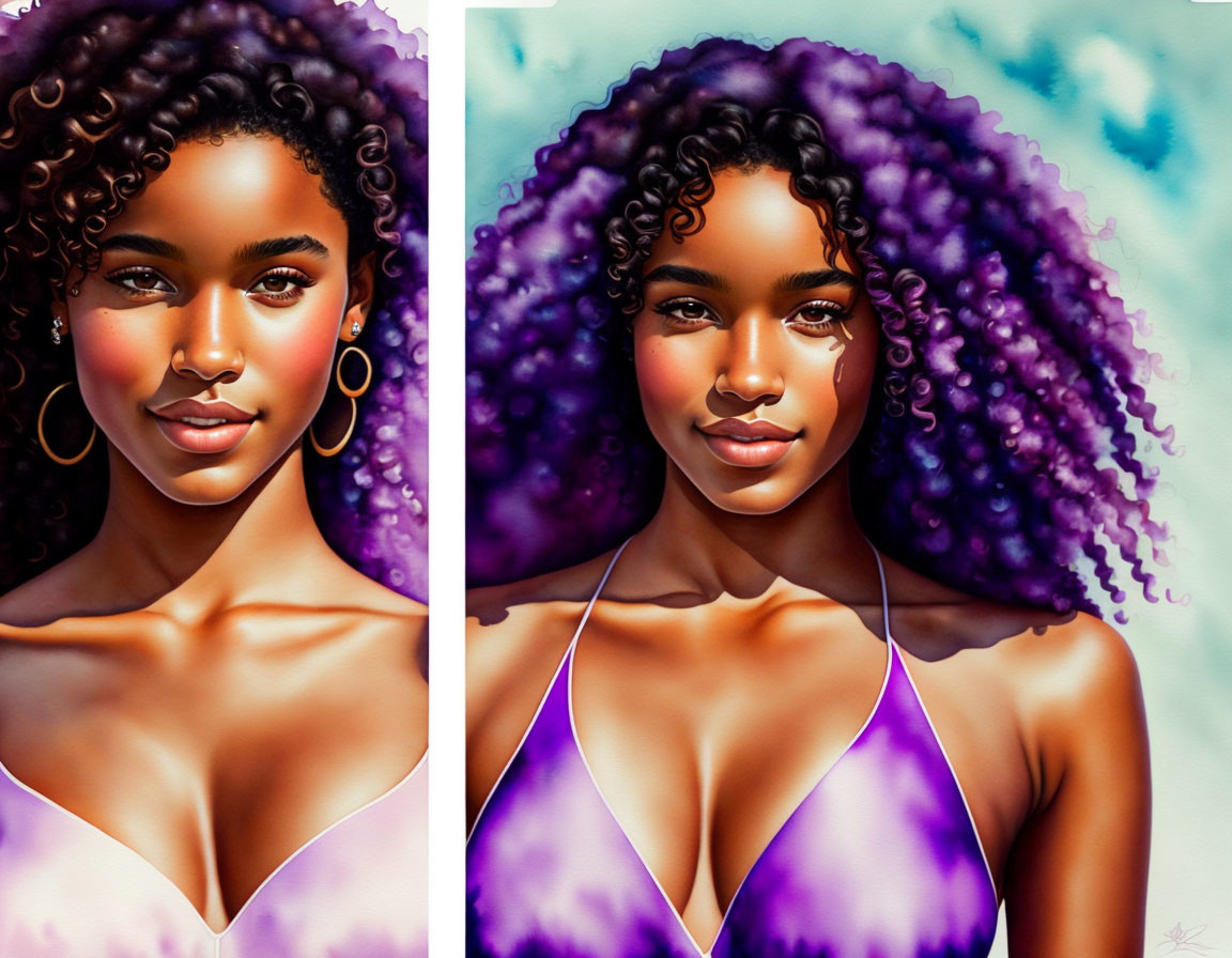 Digital Illustration: Woman with Curly Hair in Purple Top on Cloudy Sky Background