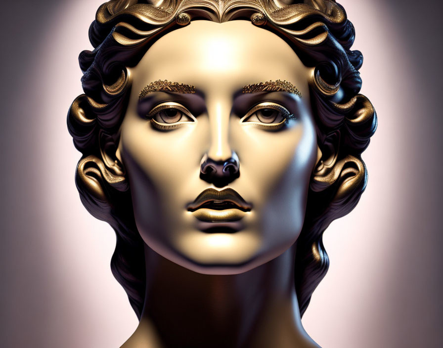 Metallic Female Face with Gold Skin & Ornate Eyebrows on Gradient Background