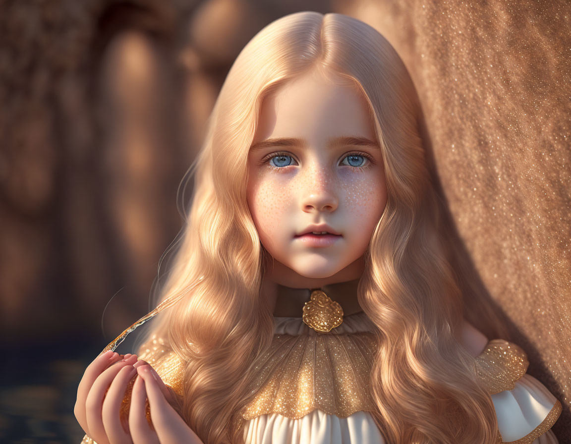 Blonde Girl Digital Art: Long Hair, Blue Eyes, Freckles, Golden Dress