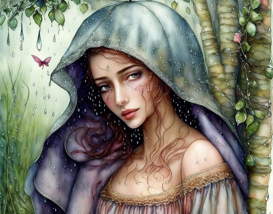 Melancholic woman in purple cloak in rain-drenched forest with butterfly