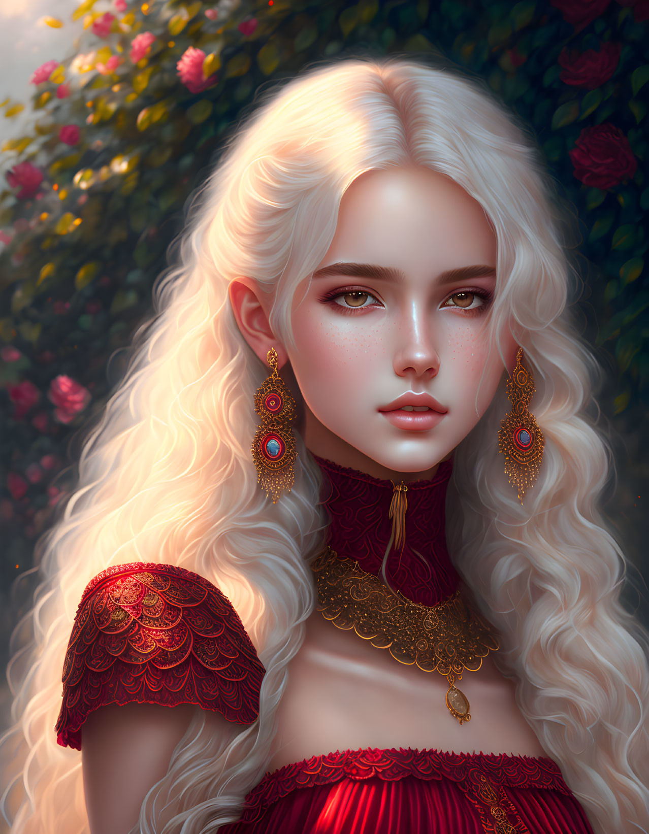 Portrait of Woman with Long Wavy Blonde Hair and Striking Eyes in Red Off-Shoulder Att