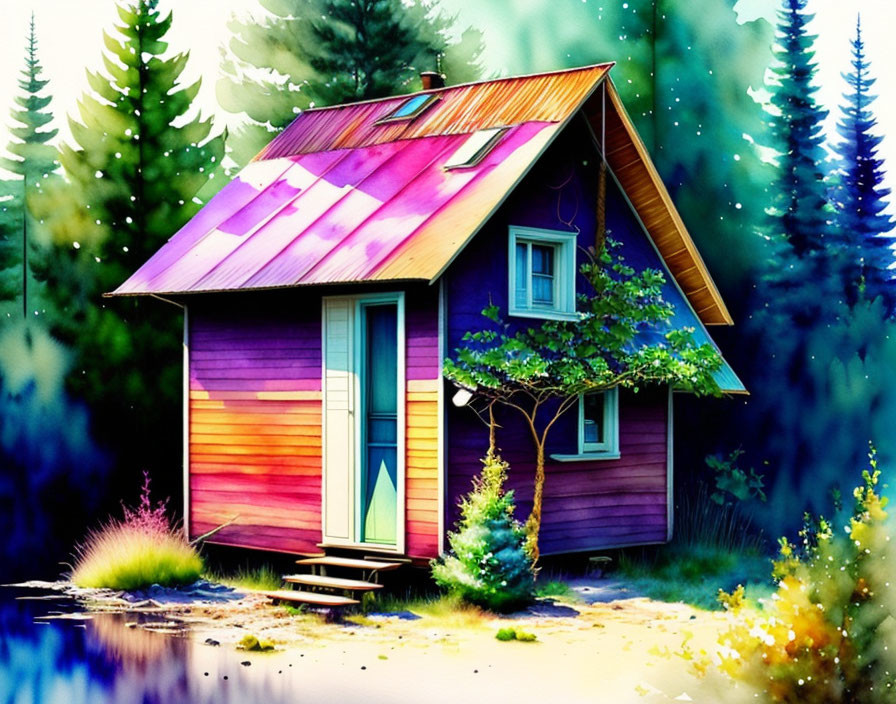 Vibrant illustration: quaint cottage in serene forest with lush greenery.