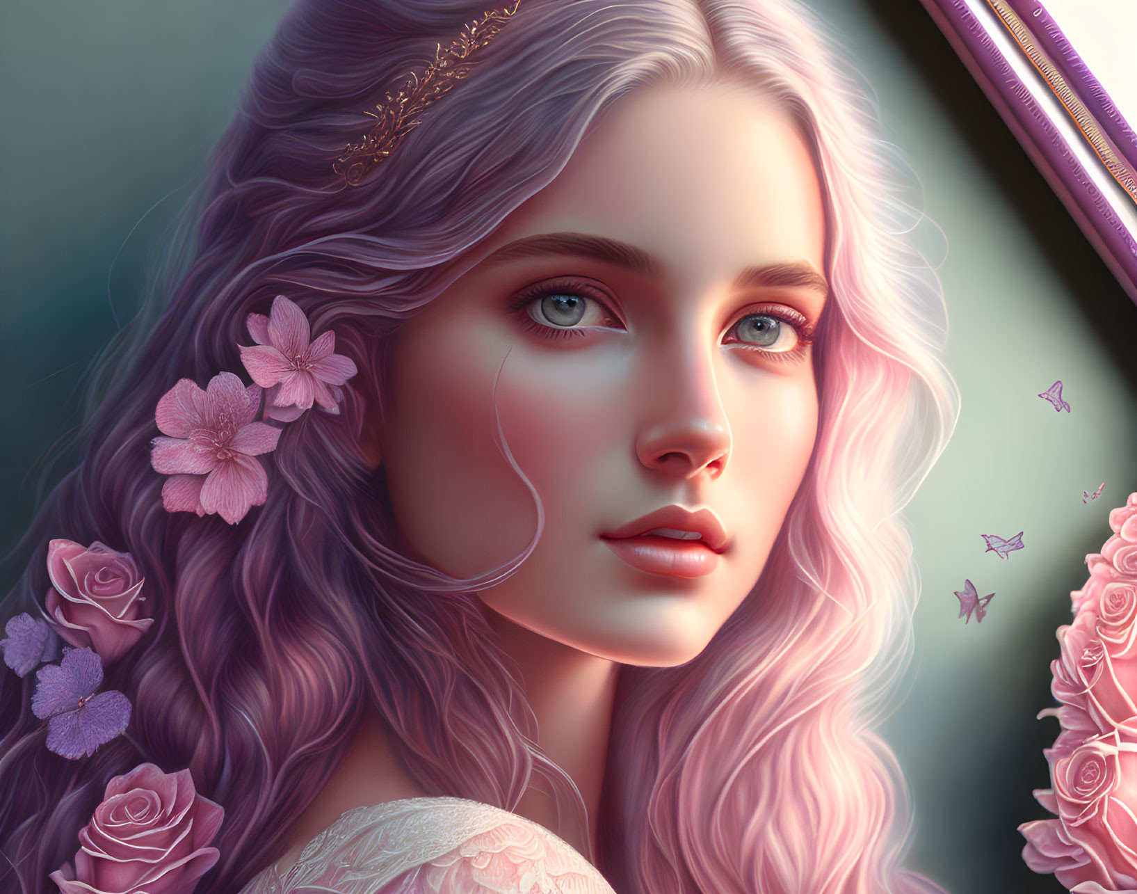 Young woman with lilac hair, fair skin, blue eyes, pink flowers, and butterflies