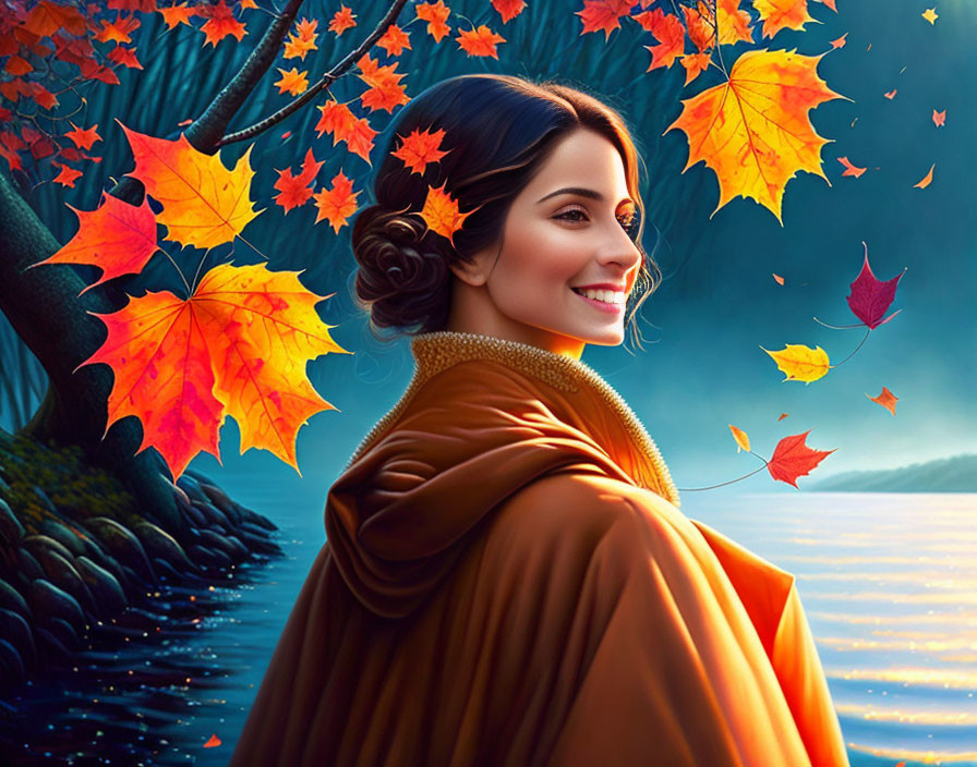 Woman in Orange Shawl Smiling Among Autumn Leaves by Lake at Dusk