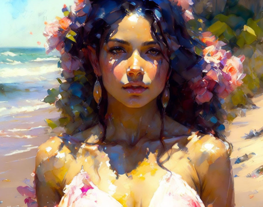 Portrait of Woman with Floral Crown on Beach Background