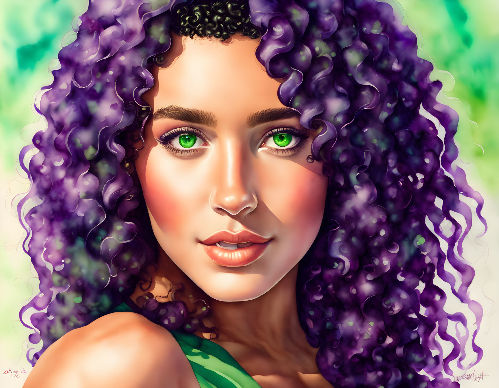 Vivid Green Eyes and Curly Purple Hair Woman Portrait