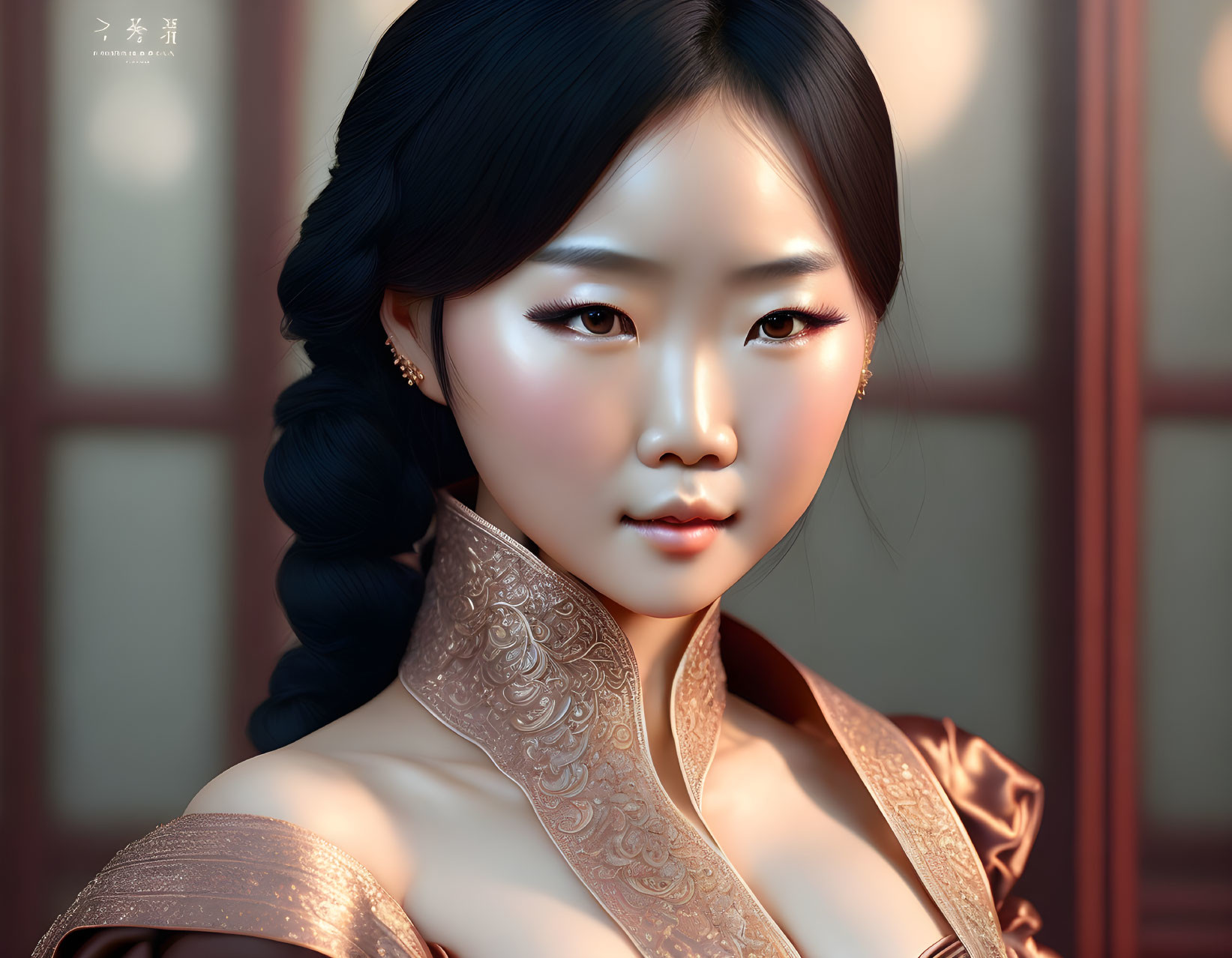 Digital portrait of a woman with Asian features in elegant brown dress