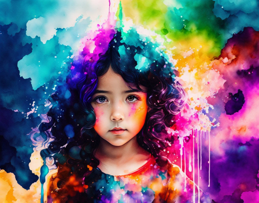 Vibrant digital artwork: Young girl with expressive eyes in colorful, ethereal setting