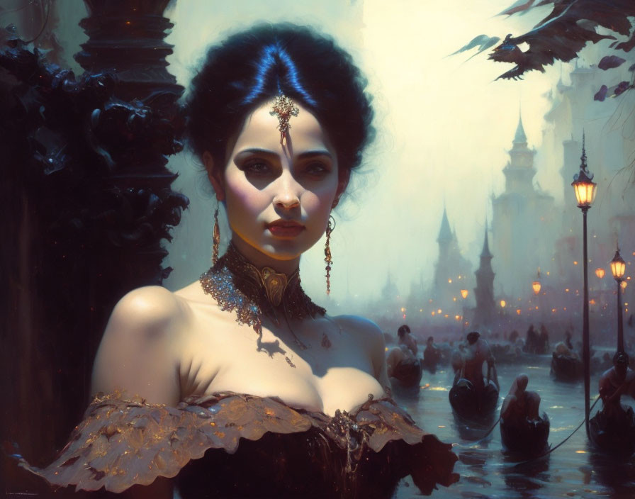 Mystical woman in exotic attire against fantasy cityscape