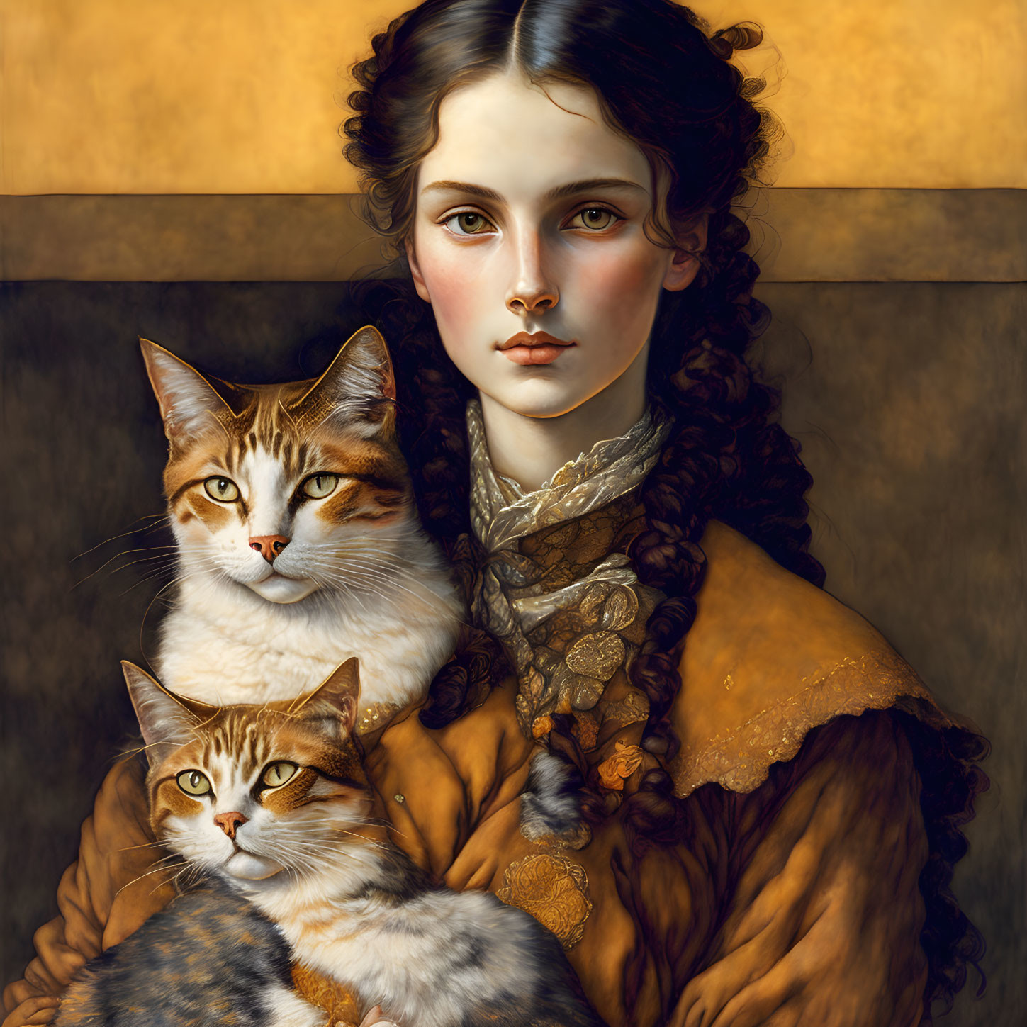 Long-haired woman with two cats in serene pose on golden background