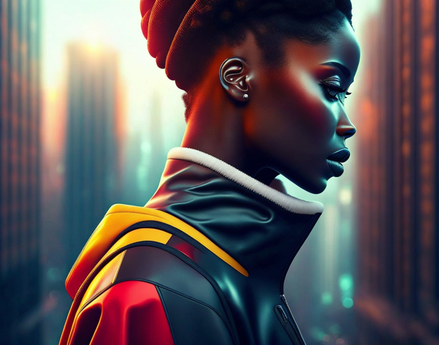 Woman with stylized makeup and colorful futuristic outfit in cityscape at sunset