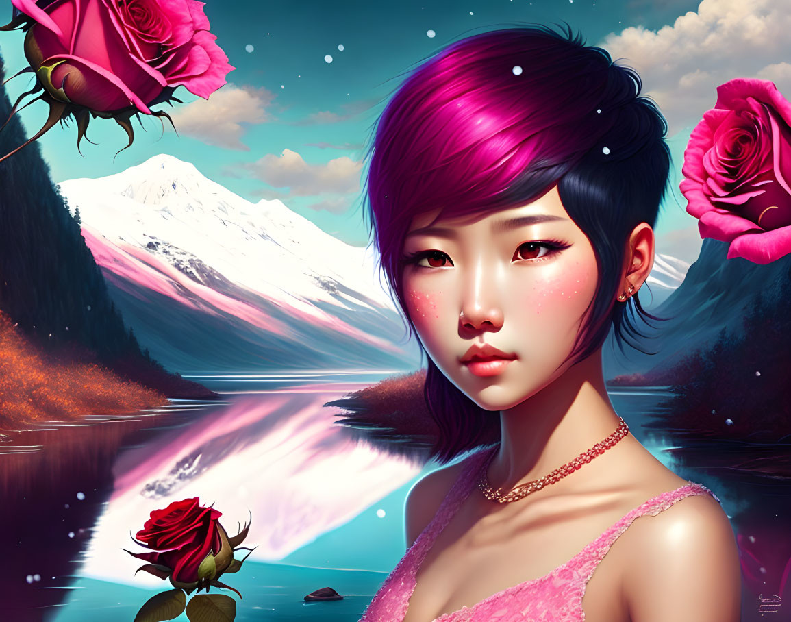 Digital artwork: Woman with pink hair, roses, and mountainous lakescape