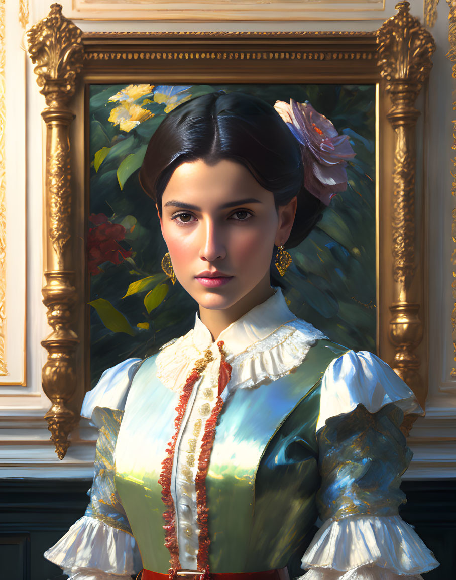 Digital painting of woman in vintage dress with lace and ruffles, flower in hair, gold earrings