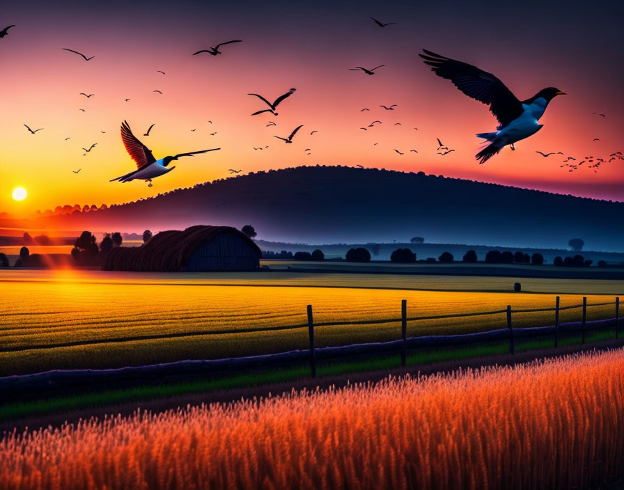 Colorful sunset over rural landscape with birds, mountain backdrop, golden fields, serene sky