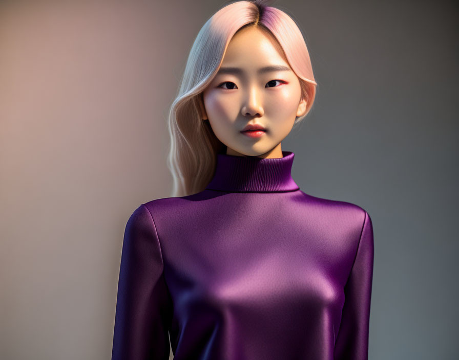 3D-rendered pale-skinned female in purple turtleneck