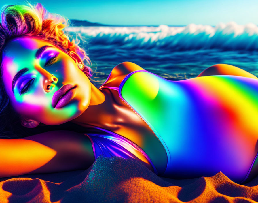 Colorful lighting woman on beach with waves in dreamlike setting