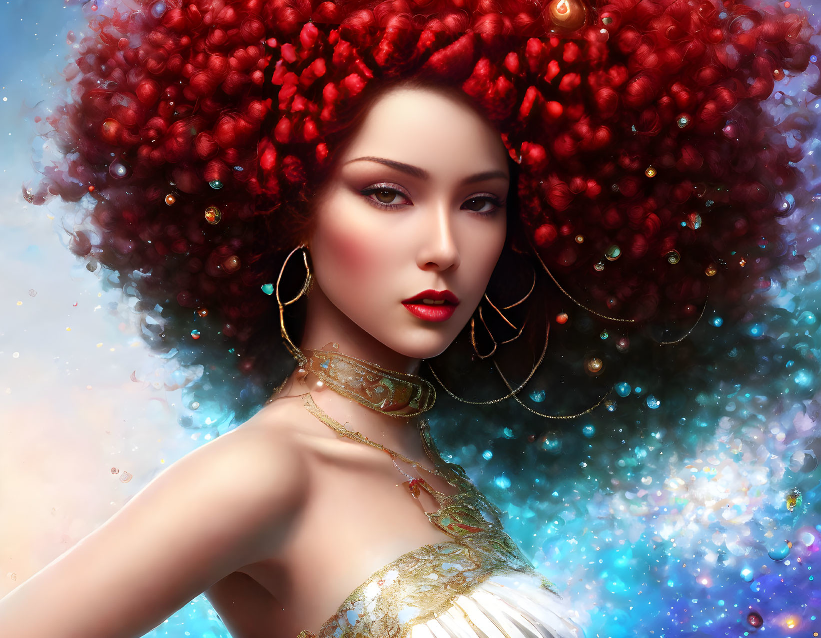 Vibrant digital artwork: Woman with red curls, bold makeup, gold jewelry, white dress on