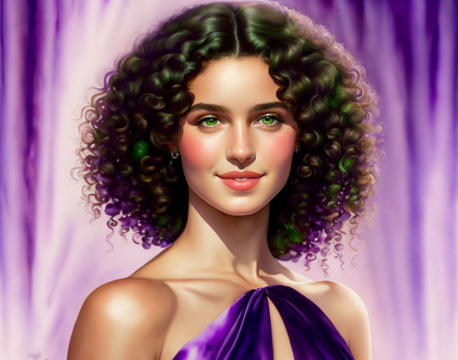 Curly-haired woman with green eyes in purple dress on pink backdrop