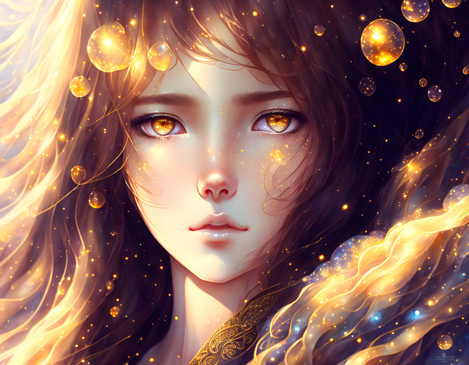 Illustration of person with golden eyes, orbs, and intricate hair details