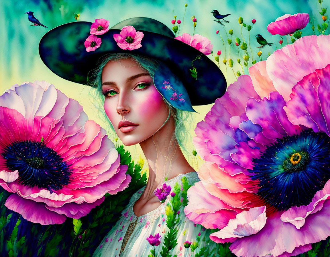 Woman with Floral Makeup and Hat Surrounded by Vibrant Flowers and Birds