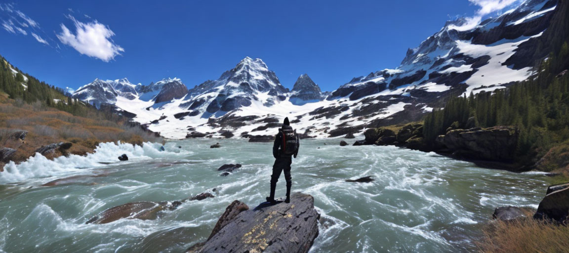 Person standing on log over rushing river with snowy mountains and blue sky