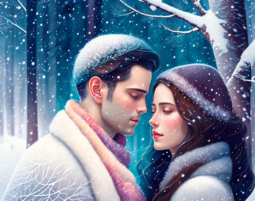 Romantic couple in snowy setting with winter trees and snowflakes