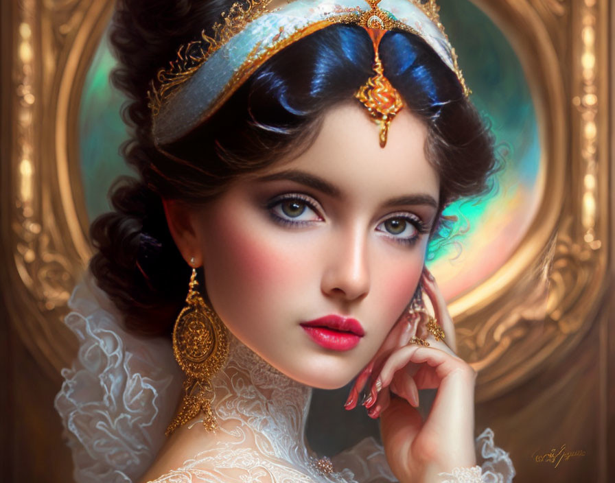 Illustrated woman with blue eyes in royal tiara and lace dress