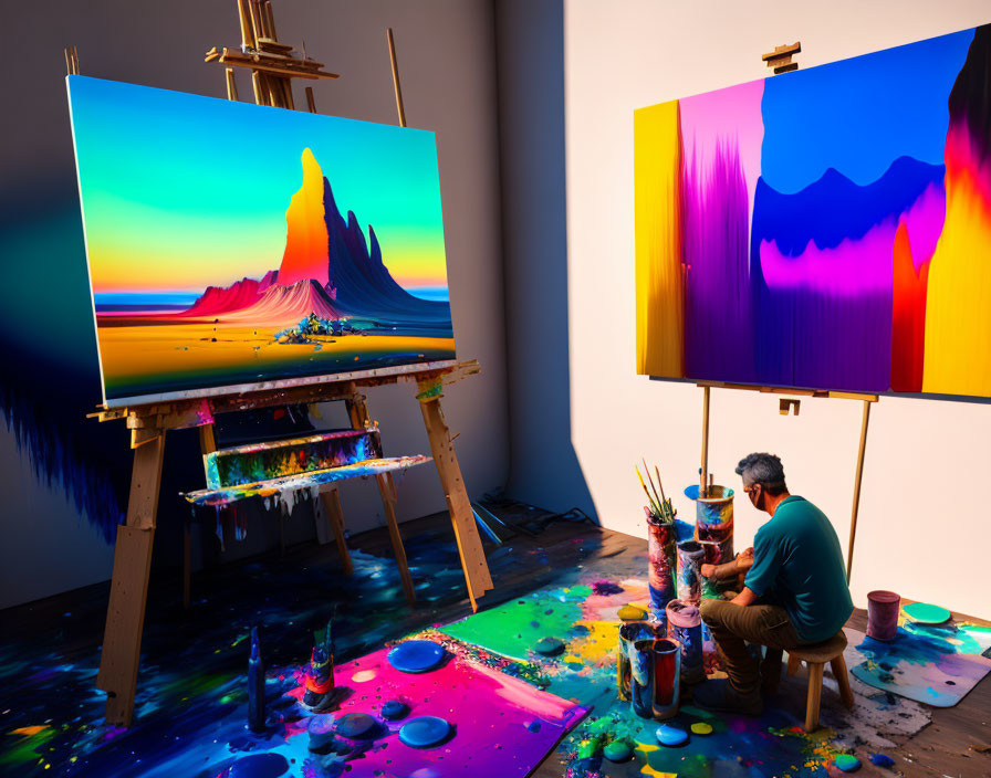 Colorful Abstract Landscape Painting on Canvas in Messy Studio